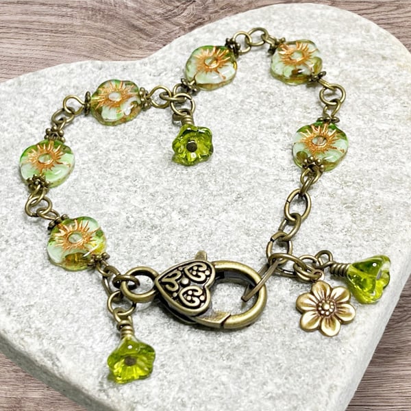 Floral boho flower bracelet in spring green shades