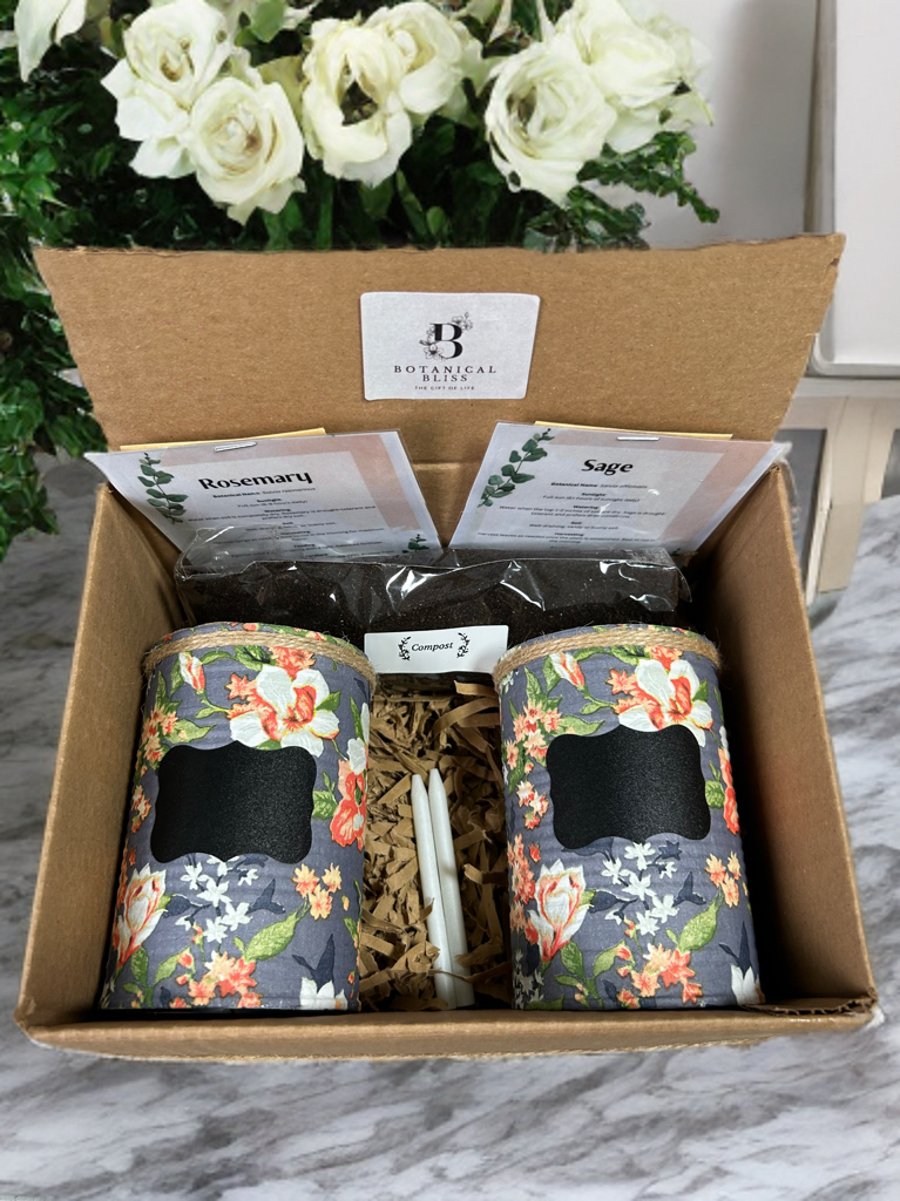 Vintage Floral Handmade Recycled Eco-Friendly Indoor Kitchen Herb Gift Set