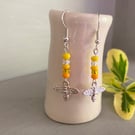 Yellow mix seed bead earrings, with silver-plated bee charm