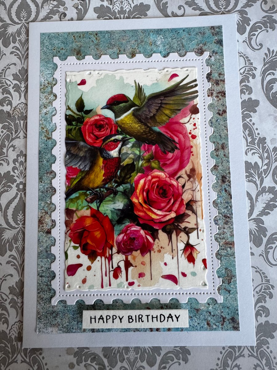 Image of Handmade Vintage Hummingbird and Roses Birthday Card