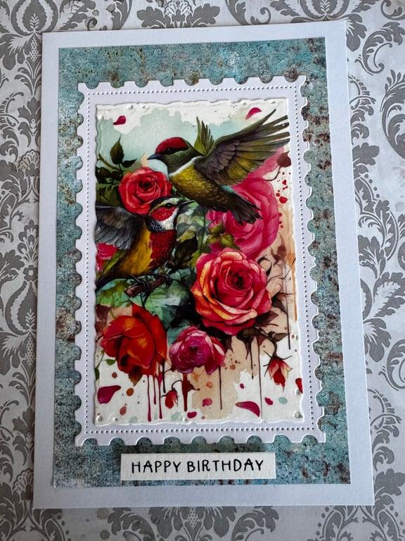 Handmade Vintage Hummingbird and Roses Birthday Card