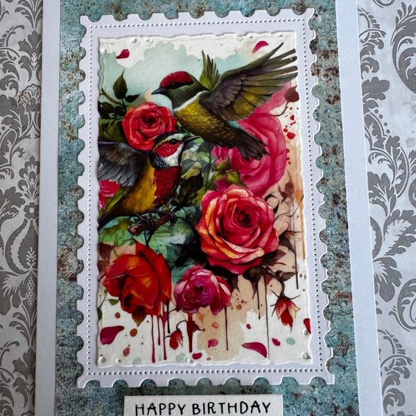 Handmade Vintage Hummingbird and Roses Birthday Card