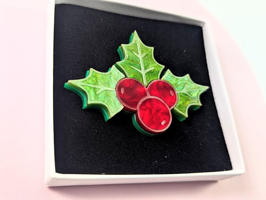 Holly brooch Christmas pin, acrylic holly jewelry, xmas brooch, gifts for her