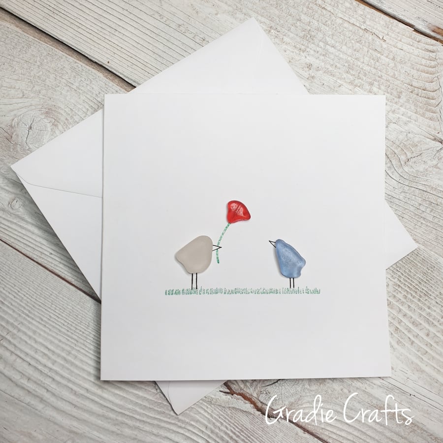 Hand Painted Welsh Sea Glass Love Birds Red Flower Card