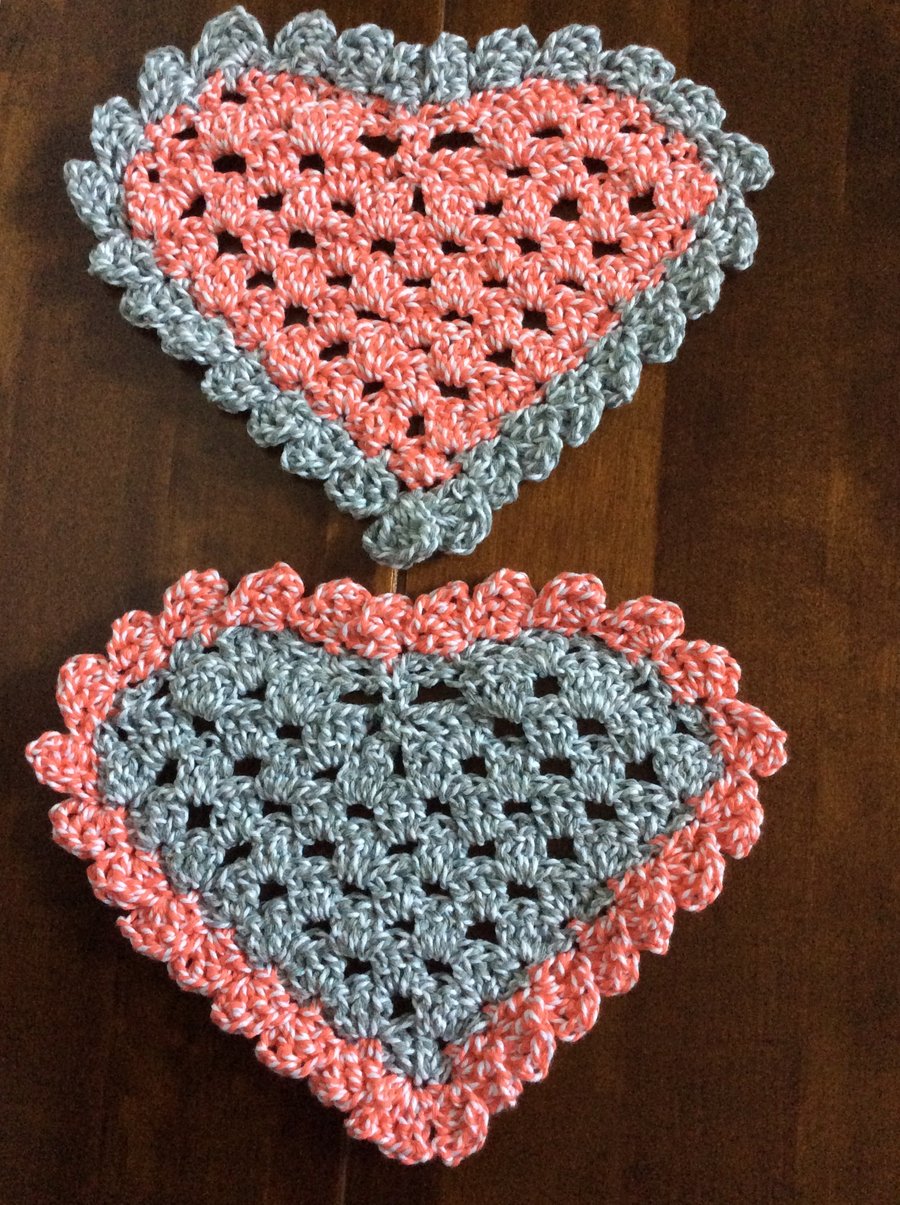 Set of 2 crochet Bakers Twine hearts coasters ,doilies