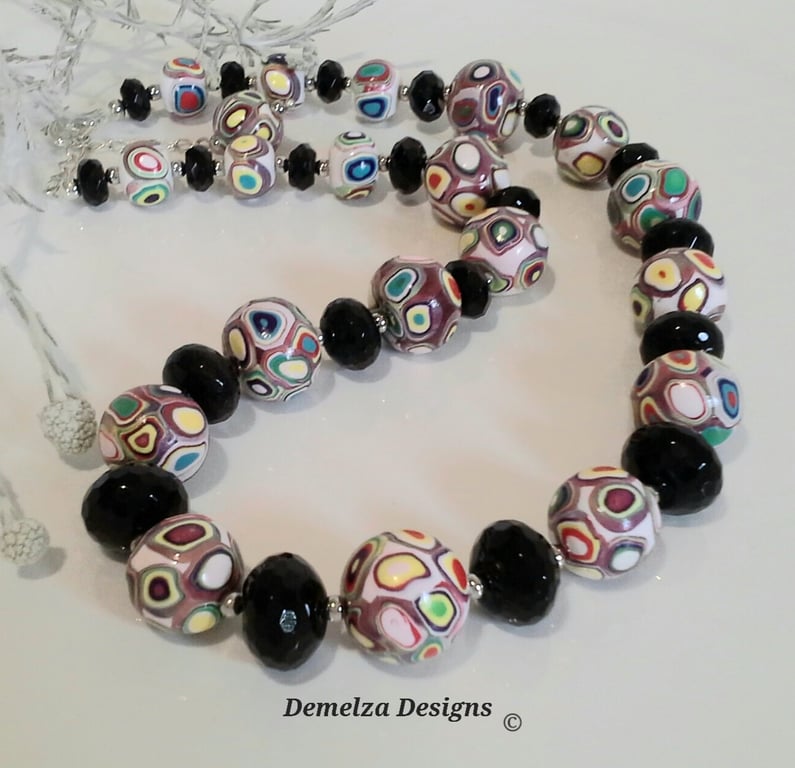 Designer Black Faceted Onyx & Hand Made Polymer Clay Bead Necklace 