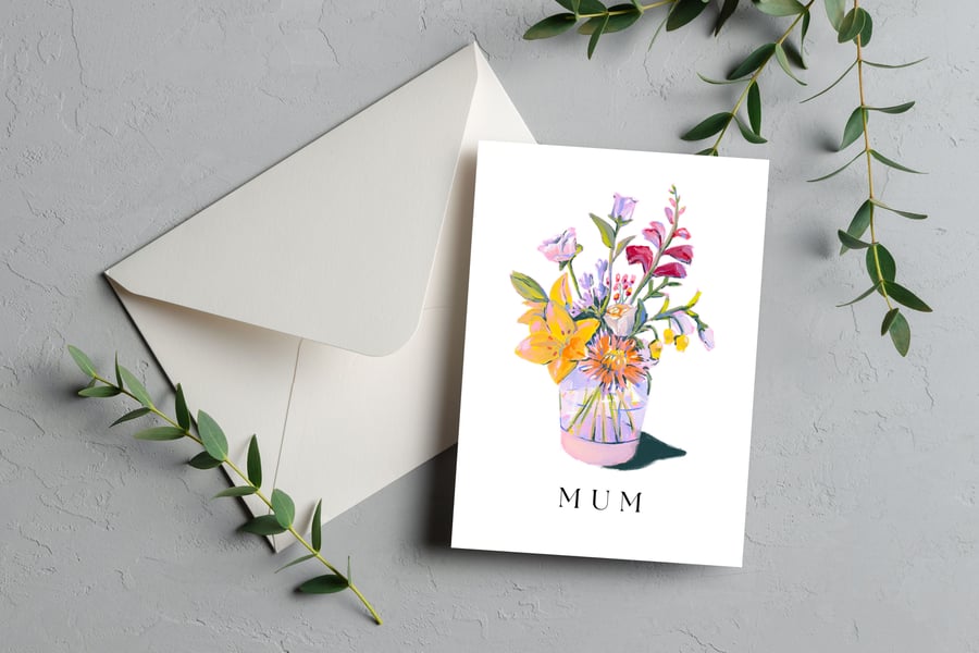 Mum Floral Vase Greeting Card – Printed Card with Envelope