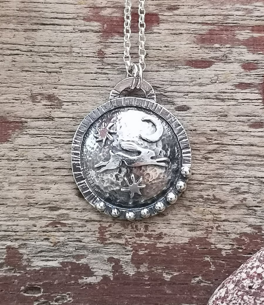 Celestial Hare Domed Silver Pendant