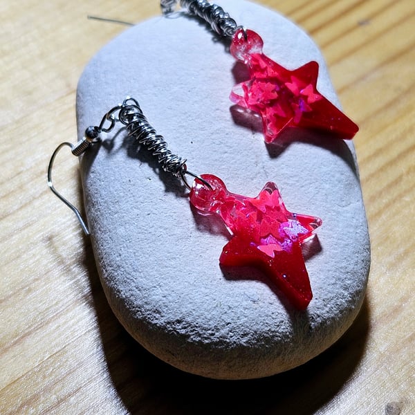 Long earrings - pink stars, unique earrings ideal for small gift for friend
