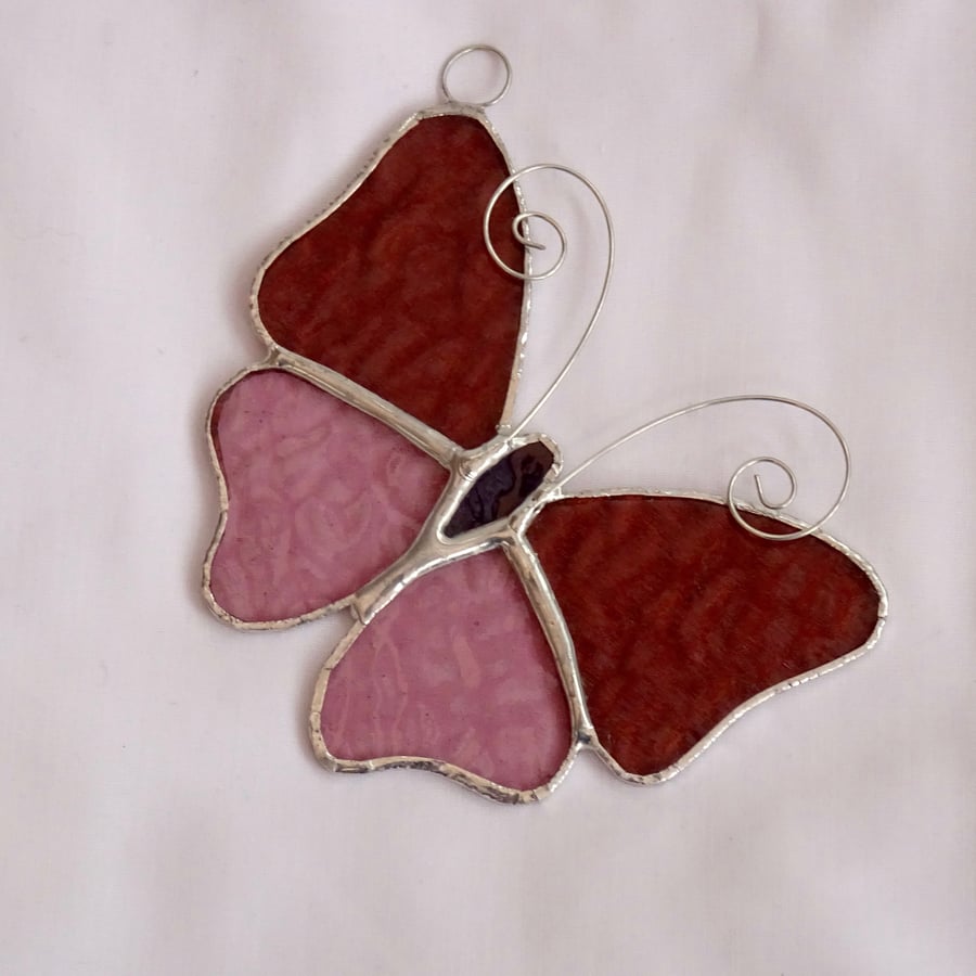 Stained Glass Butterfly Suncatcher - Handmade Decoration - Dusky Pink and Pink
