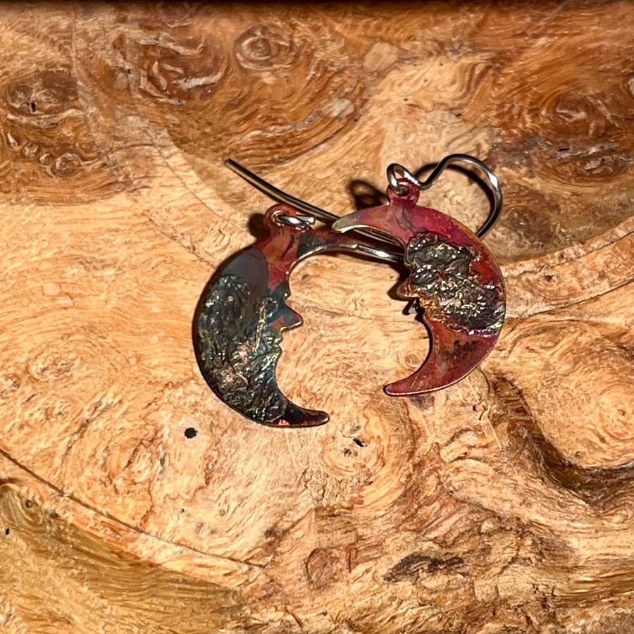 Tarot inspired flame-painted silver fused copper earrings moon face 
