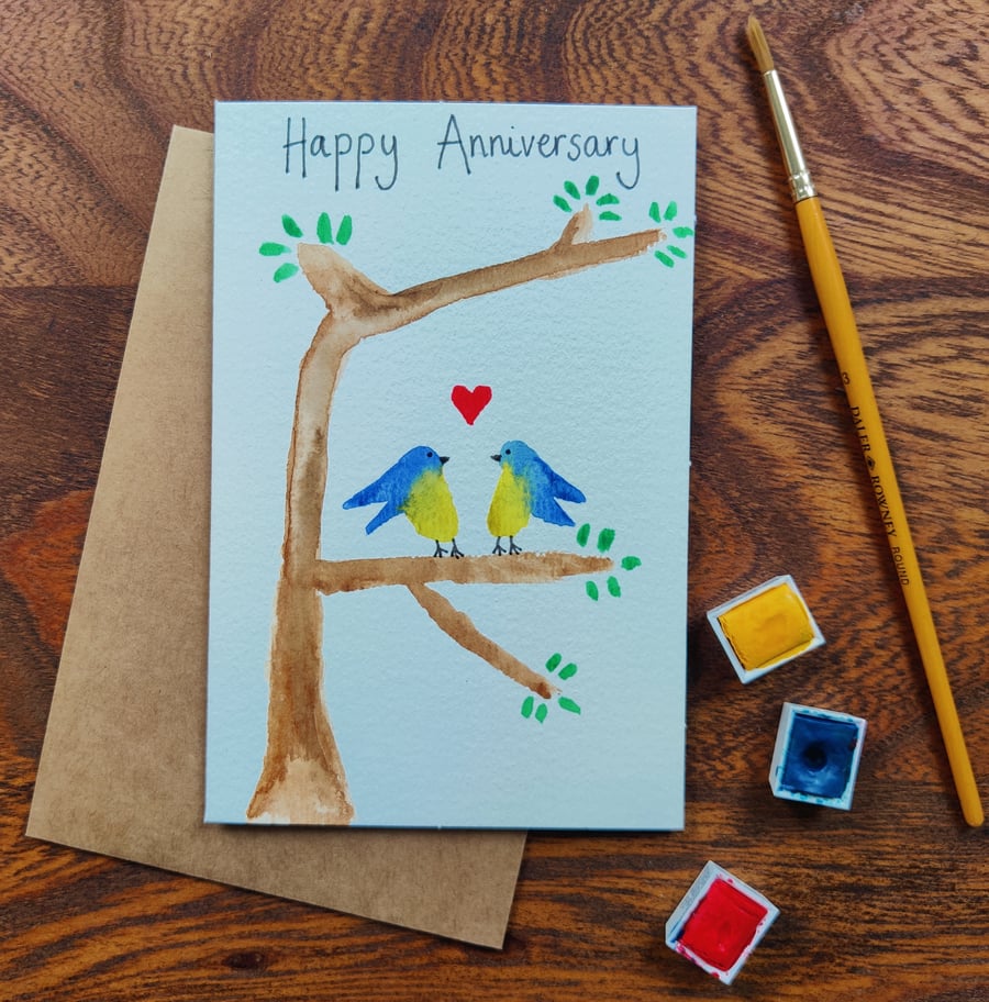 Original HandPainted Bird Anniversary, Wedding,Engagement Card, Personalisation 