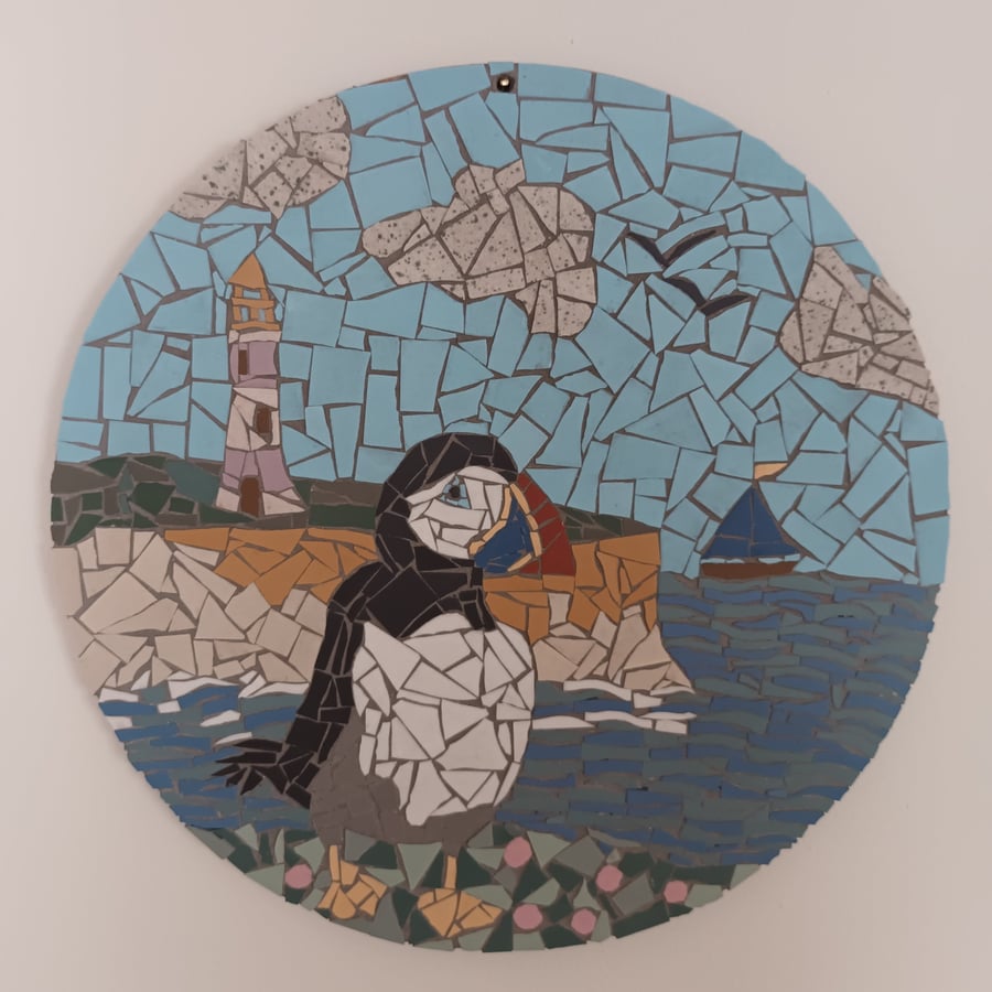 Puffin and lighthouse seaside cliff mosaic scene wall plaque decoration 