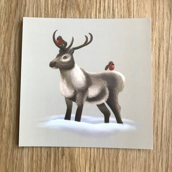 Reindeer & Robins Square Post Card Print