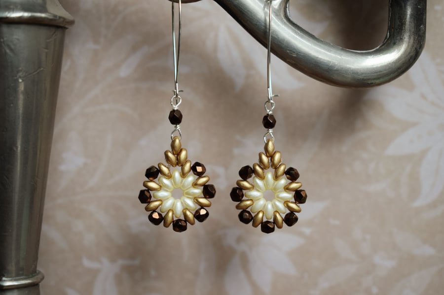 Beaded Dangle Earrings in Shades of Cream, Brown and Gold