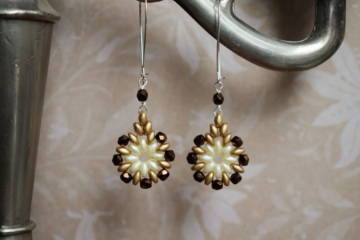 Beaded Dangle Earrings in Shades of Cream, Brown and Gold