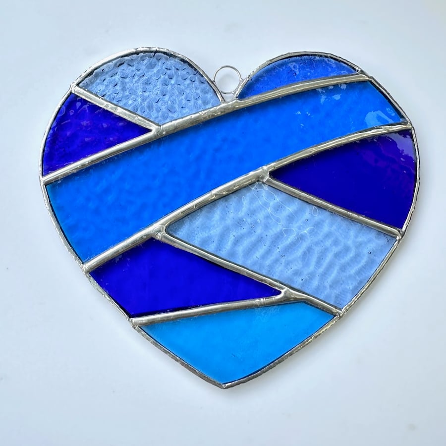 Stained Glass Patchwork Heart Suncatcher - Handing Decoration - Blue and Turq