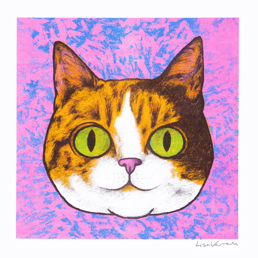 Cat Face 1 (Calico Cat), 4-colour risograph print