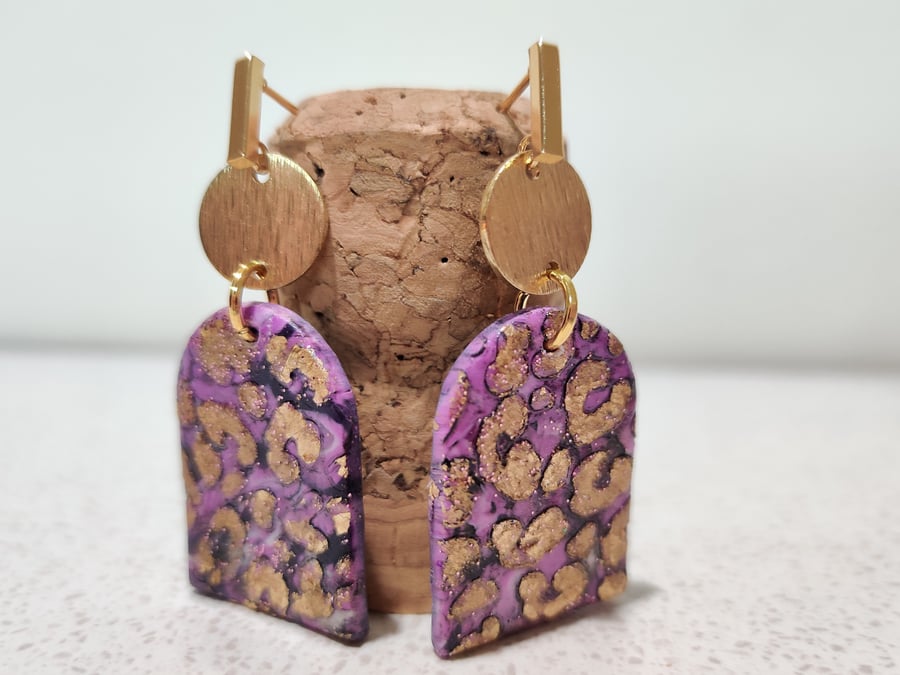 Purple gold leopard print earrings