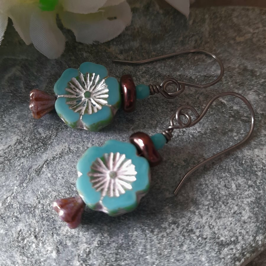  Czech Glass Flower Beads Vintage Drop Earrings Niobium Ear Wires