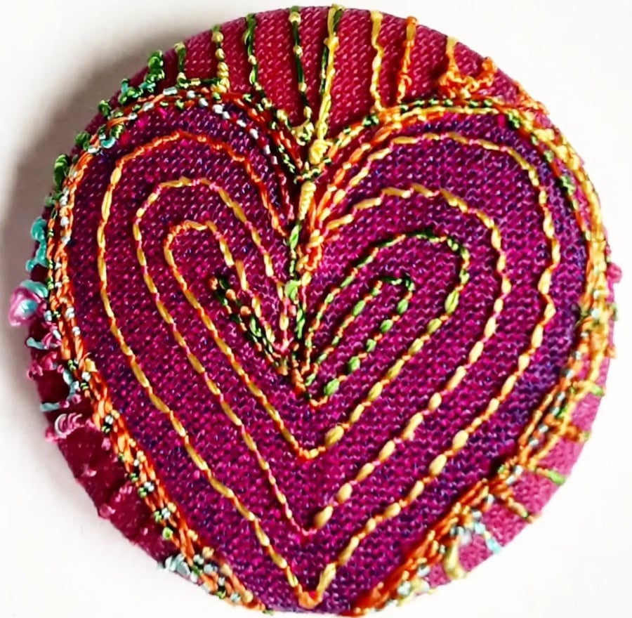 One Inch Badge Heart Fabric Badge with Free Machine Embroidery 