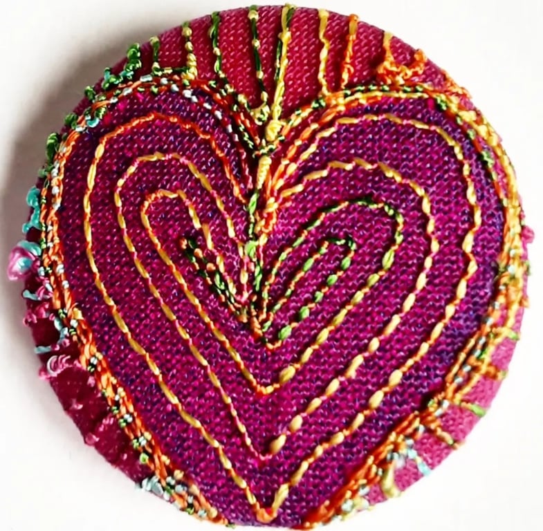 One Inch Badge Heart Fabric Badge with Free Machine Embroidery 