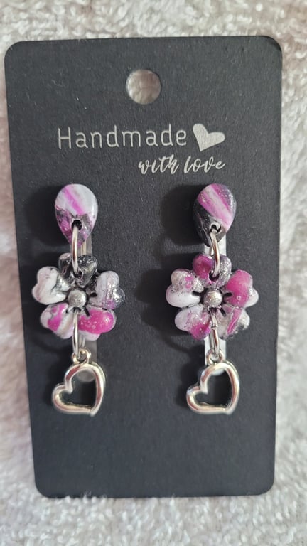 Handmade Polymer Clay Black, Purple and White Earrings. 316 Stainless Steel