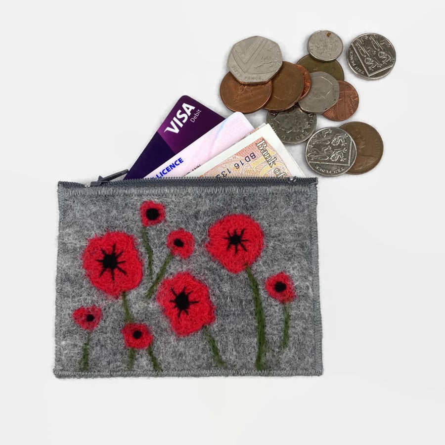 Poppy coin purse, felted