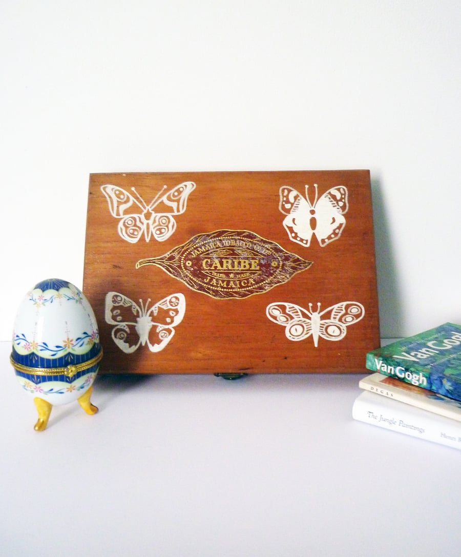 Free Postage - White Butterflies Vintage Cigar Box