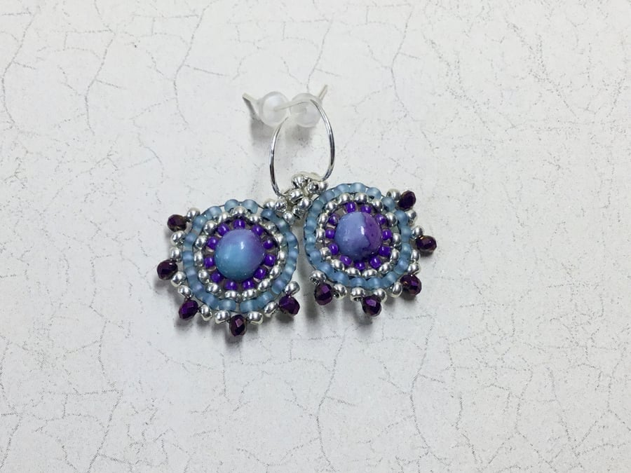 Blue and Purple Rainflower Stone and Seed Bead Earrings.