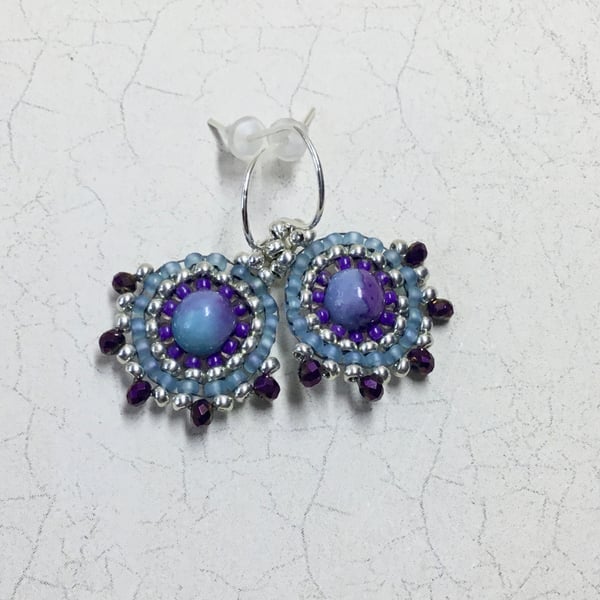 Blue and Purple Rainflower Stone and Seed Bead Earrings.