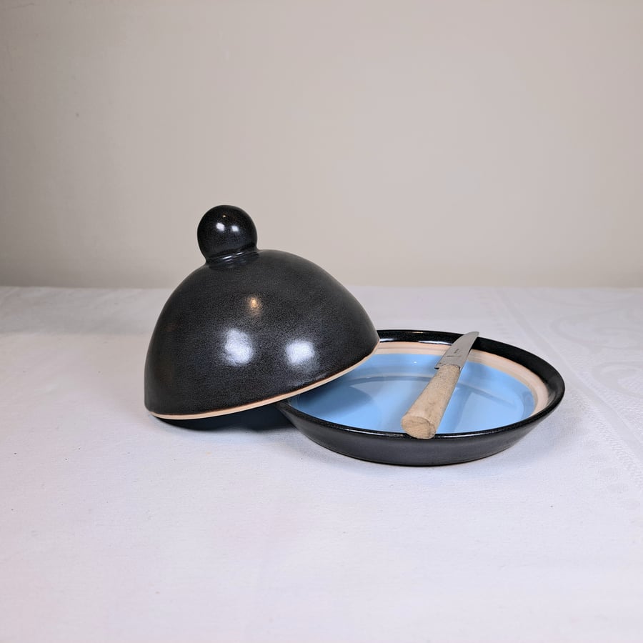 HAND MADE CERAMIC BUTTER DISH - turquoise and charcoal glazes 