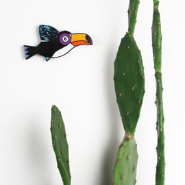 Wooden toucan wall hanging, jungle themed home decor.