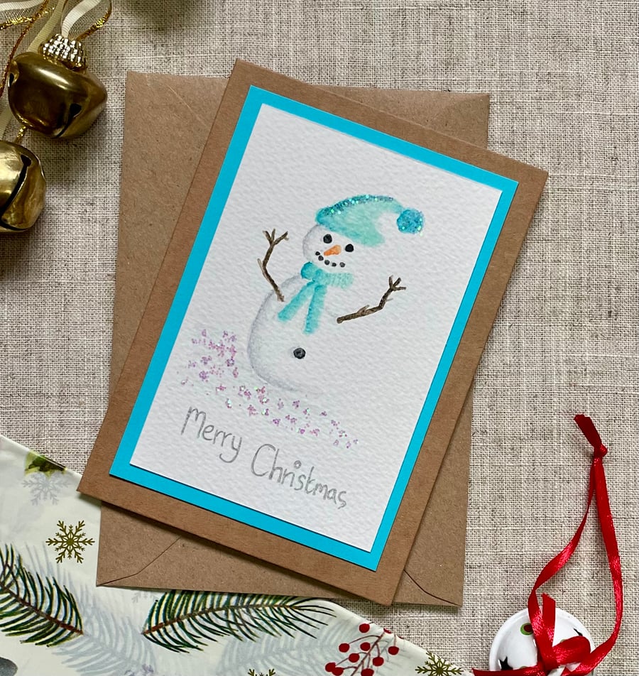 Christmas card, hand painted original, snowman with added sparkle