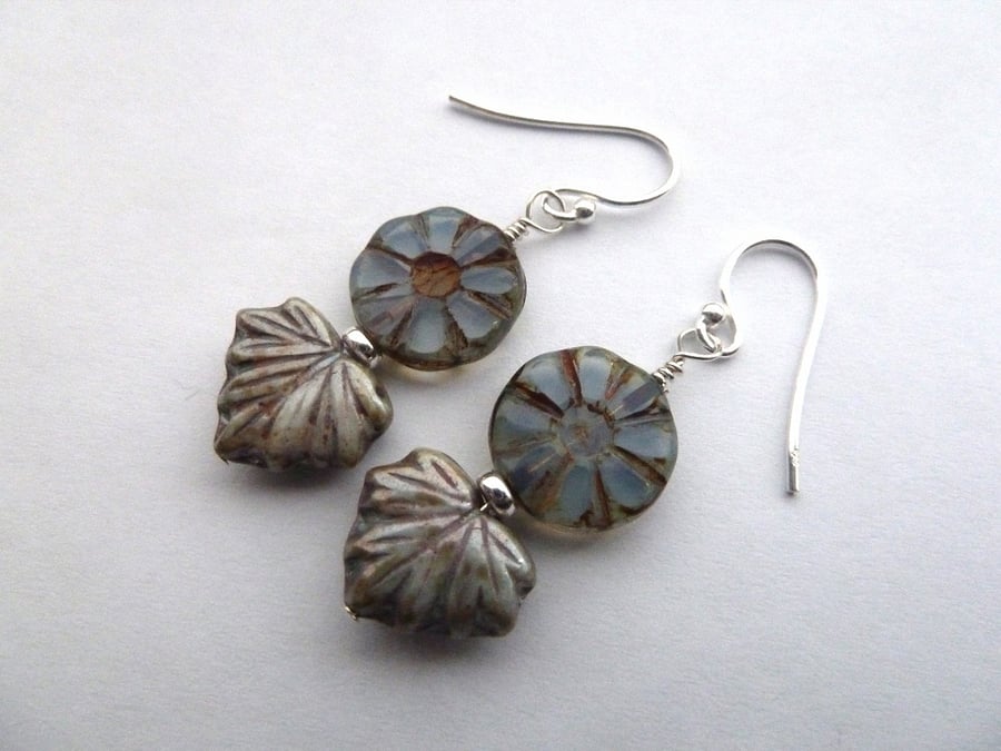 sterling silver earrings, grey leaves