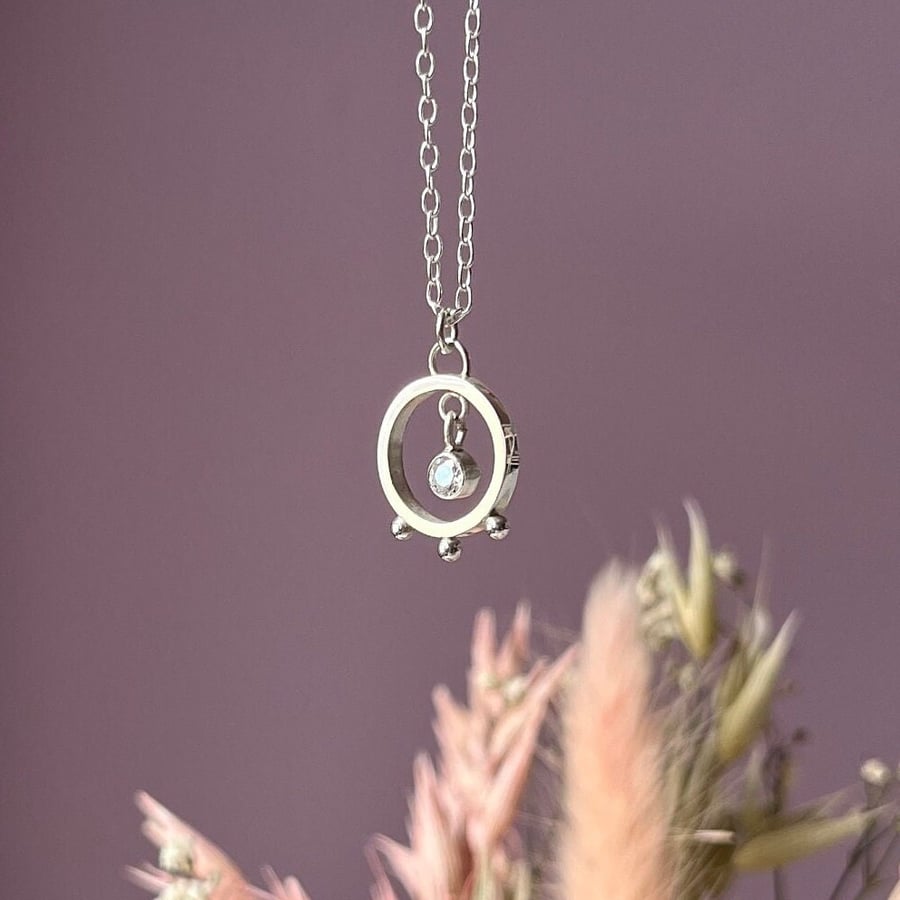 Beaded Hoop Pendant on 18" Trace Chain - Handmade, Sterling Silver