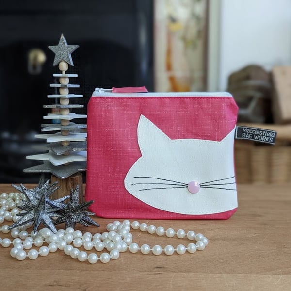 Raspberry Pink Oilcloth Cat Motif Purse or Small Makeup bag