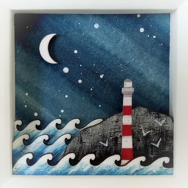 Lighthouse Rock Picture, Nautical Diorama, Ocean Art - Practically Imperfect