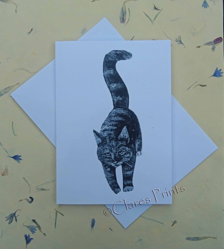Black Cat Blank Greeting Card From my Collagraph Art Print 