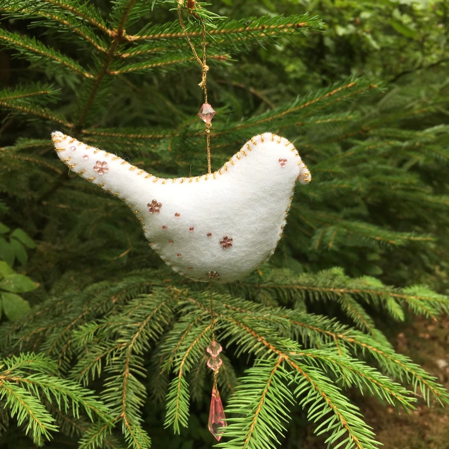 Christma decoration, white felt hanging bird, peace dove