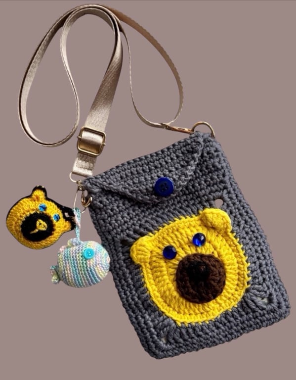 Handmade Bear Face Crochet Bag with Fish & Bear Charms - Adjustable Strap.