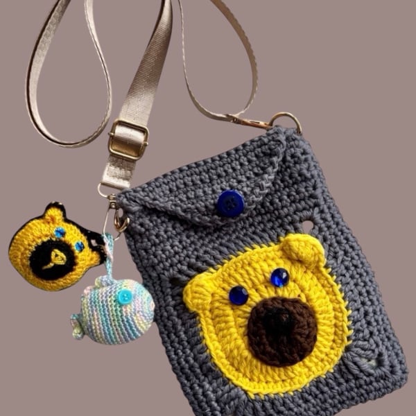 Handmade Bear Face Crochet Bag with Fish & Bear Charms - Adjustable Strap.