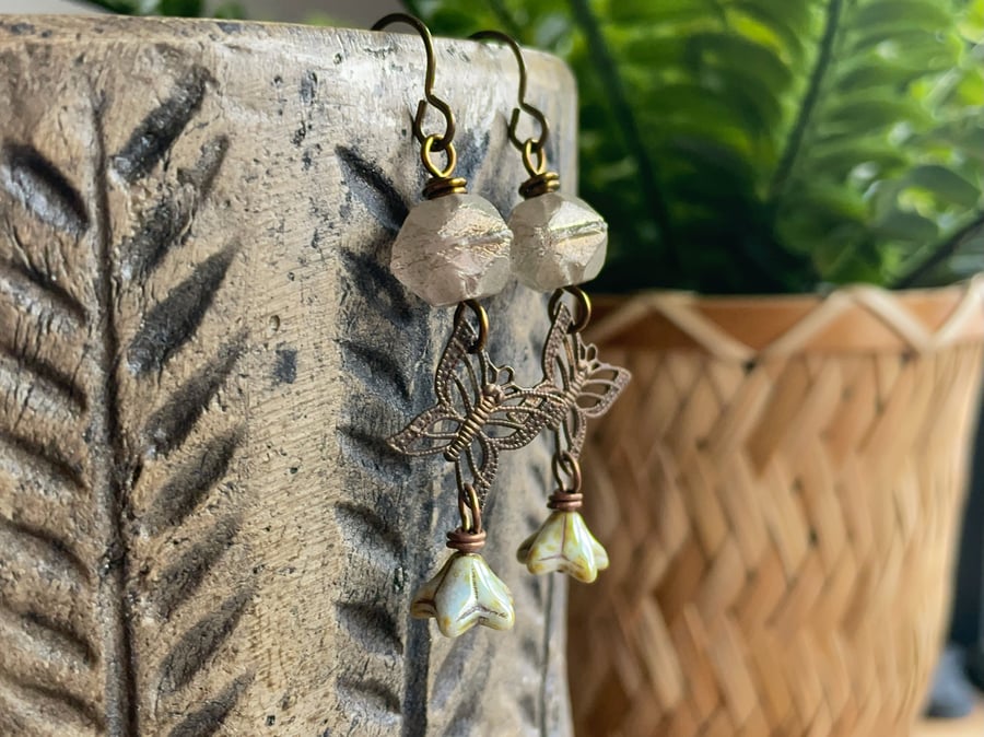 Brass Butterfly Earrings with Rustic Czech Glass - Whimsical Nature Jewellery