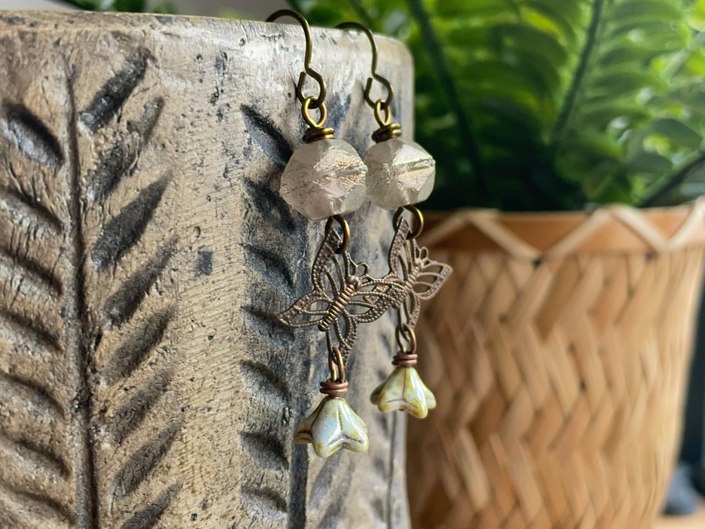 Brass Butterfly Earrings with Rustic Czech Glass - Whimsical Nature Jewellery