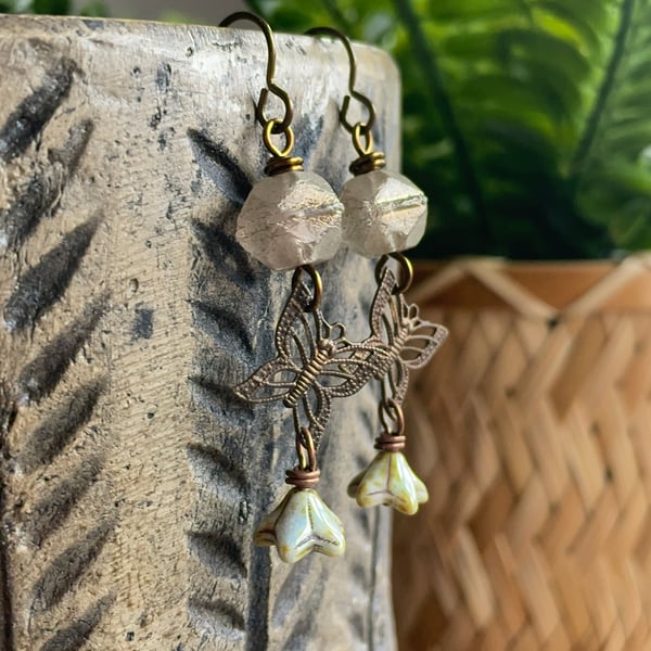 Brass Butterfly Earrings with Rustic Czech Glass - Whimsical Nature Jewellery