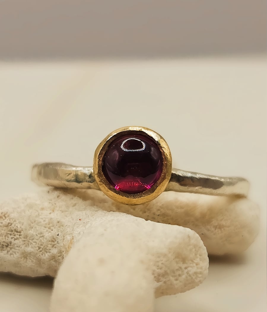 Rhodolite Garnet Ring - Sterling Silver Gold Bezel - Size K