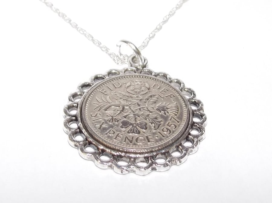 Fine Pendant 1957 Lucky sixpence 64th Birthday plus a Sterling Silver 18in Chain