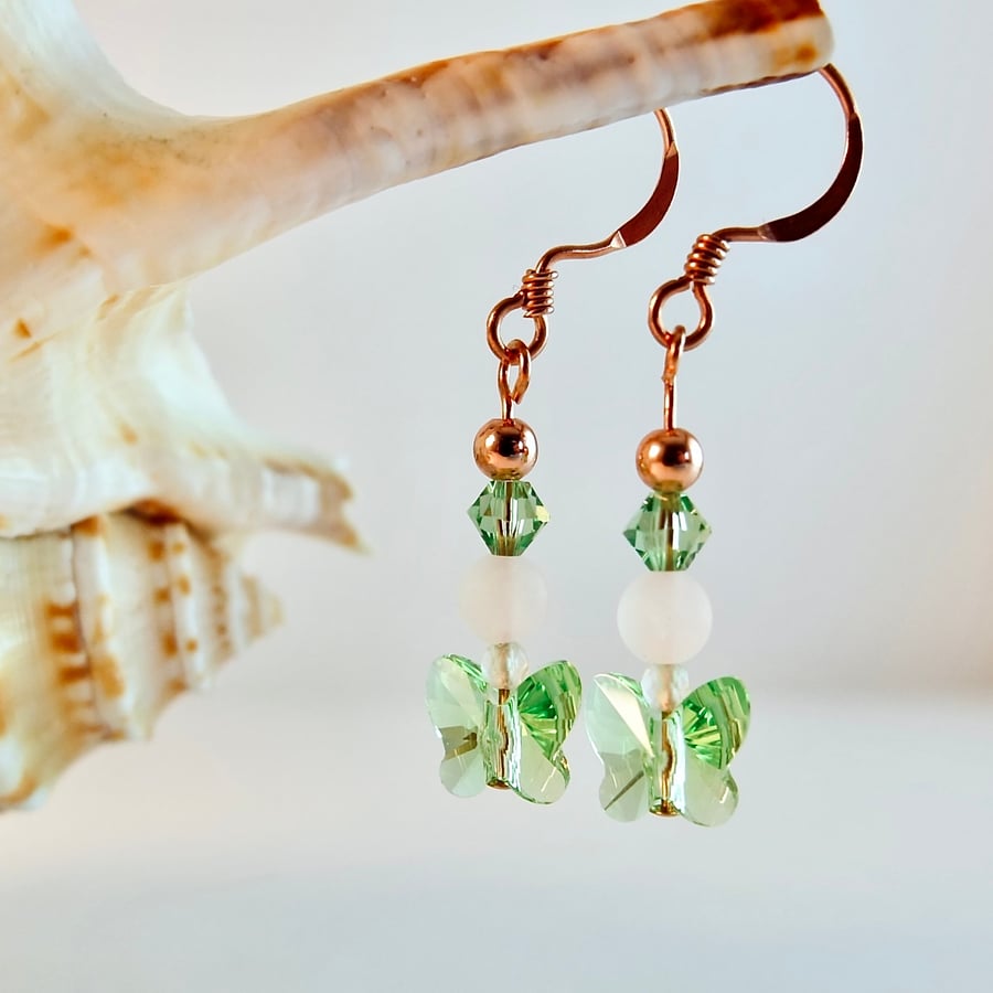 Green Crystal Butterfly & Copper Earrings- Handmade Gift, Birthday, Leo, August