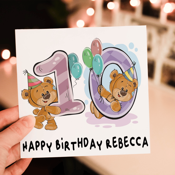 Teddy 10th Birthday Card, Card for 10th Birthday, Birthday Card, Friend Birthday