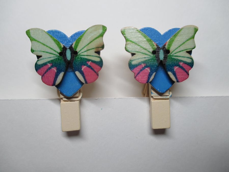 Butterfly on Love Heart Peg Clip Mini Peg Set of two lime blue green pink